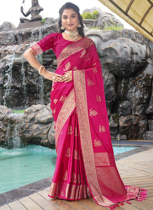 Sattin Silk Hot Pink Wedding Wear Weaving Saree